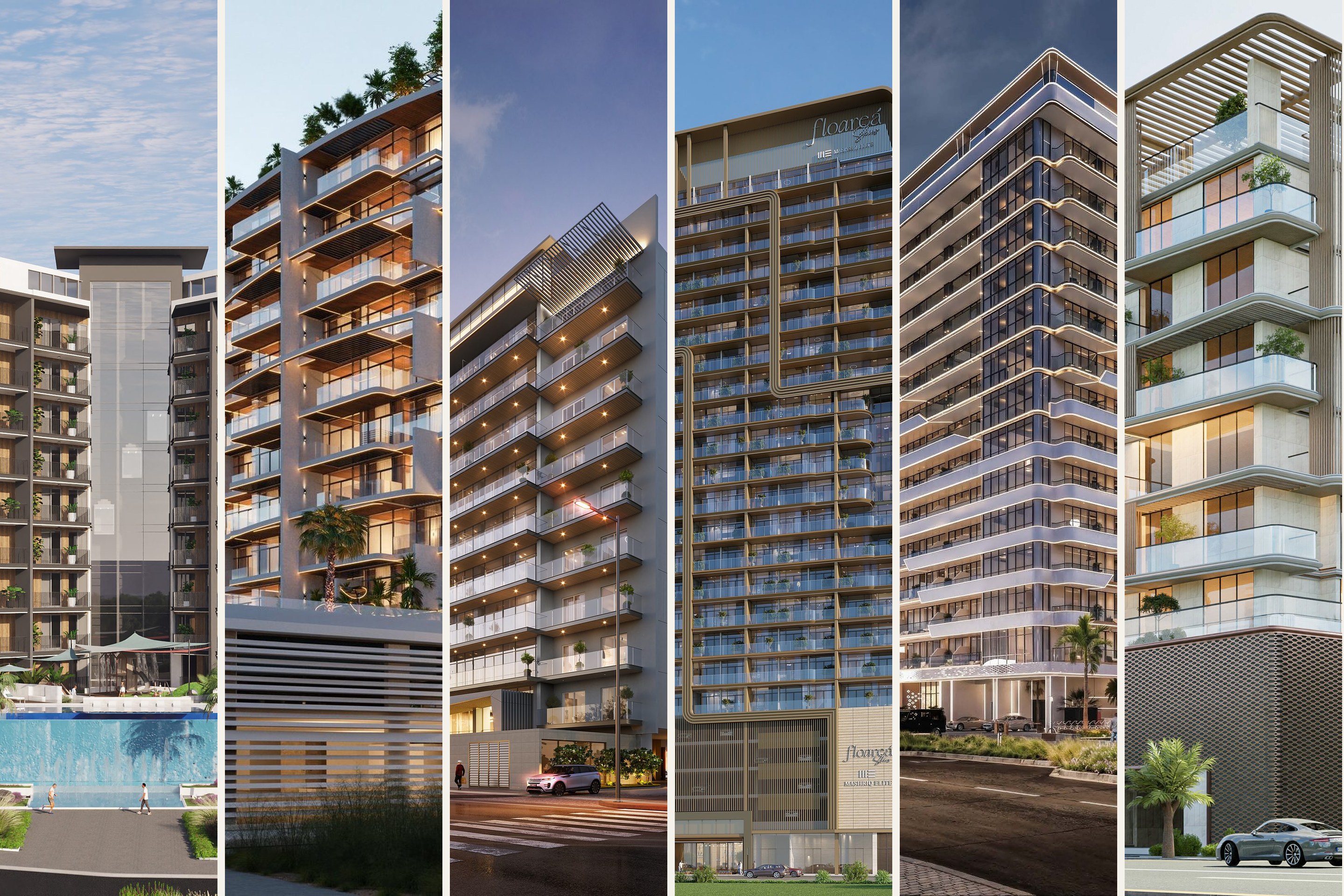 The six Floareá developments side by side — Residence, Vista, Grandé, Skies, Oasis and Breeze, as renders
