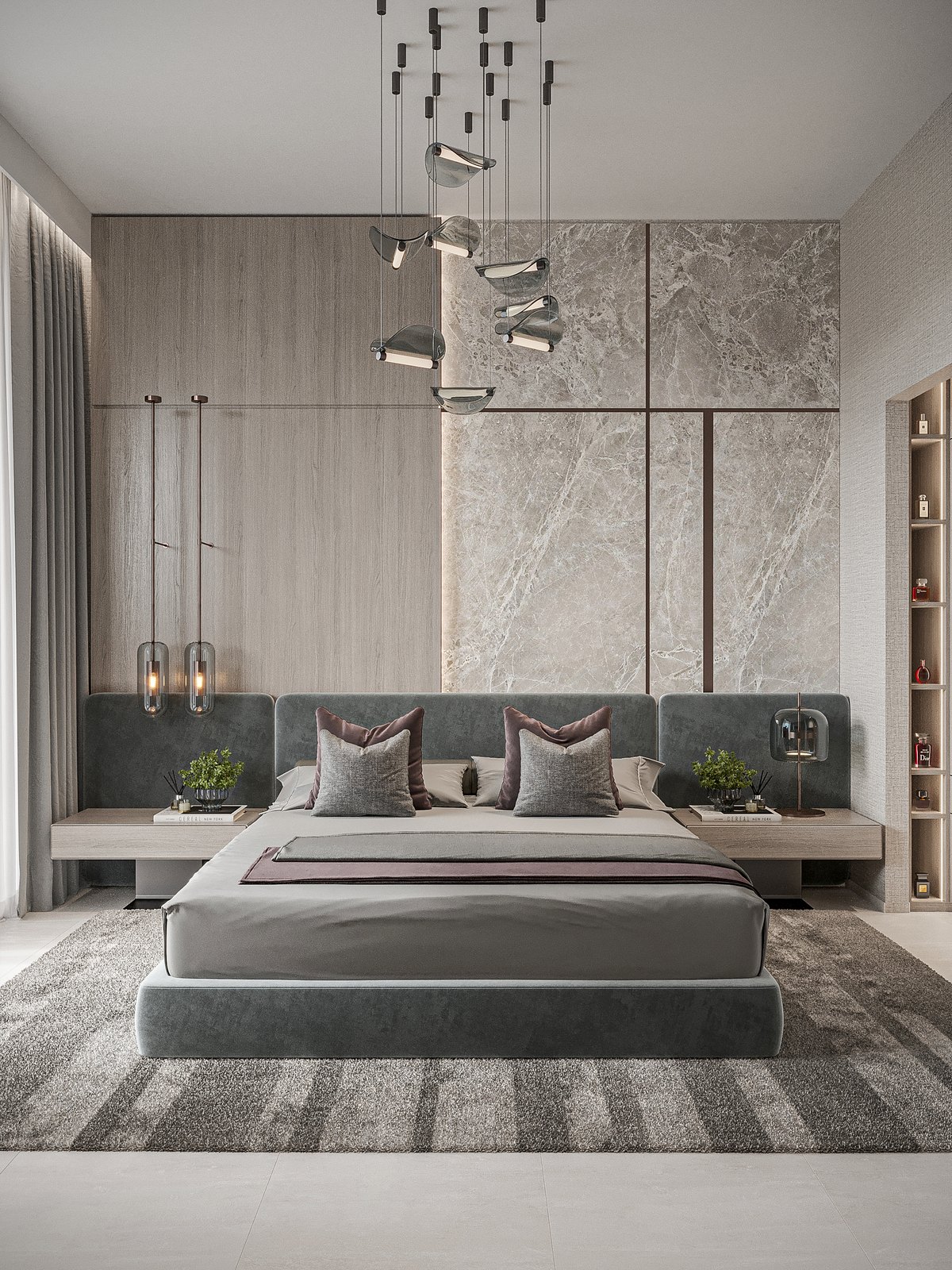 Floareá Breeze: a bedroom, the marble and timber headboard wall with bronze lines