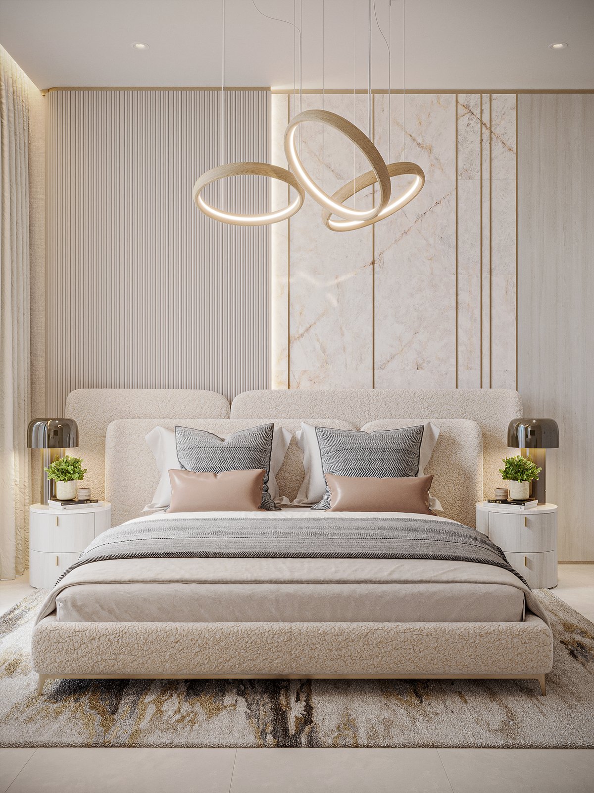 Floareá Oasis: a bedroom headboard wall, marble panels with bronze lines