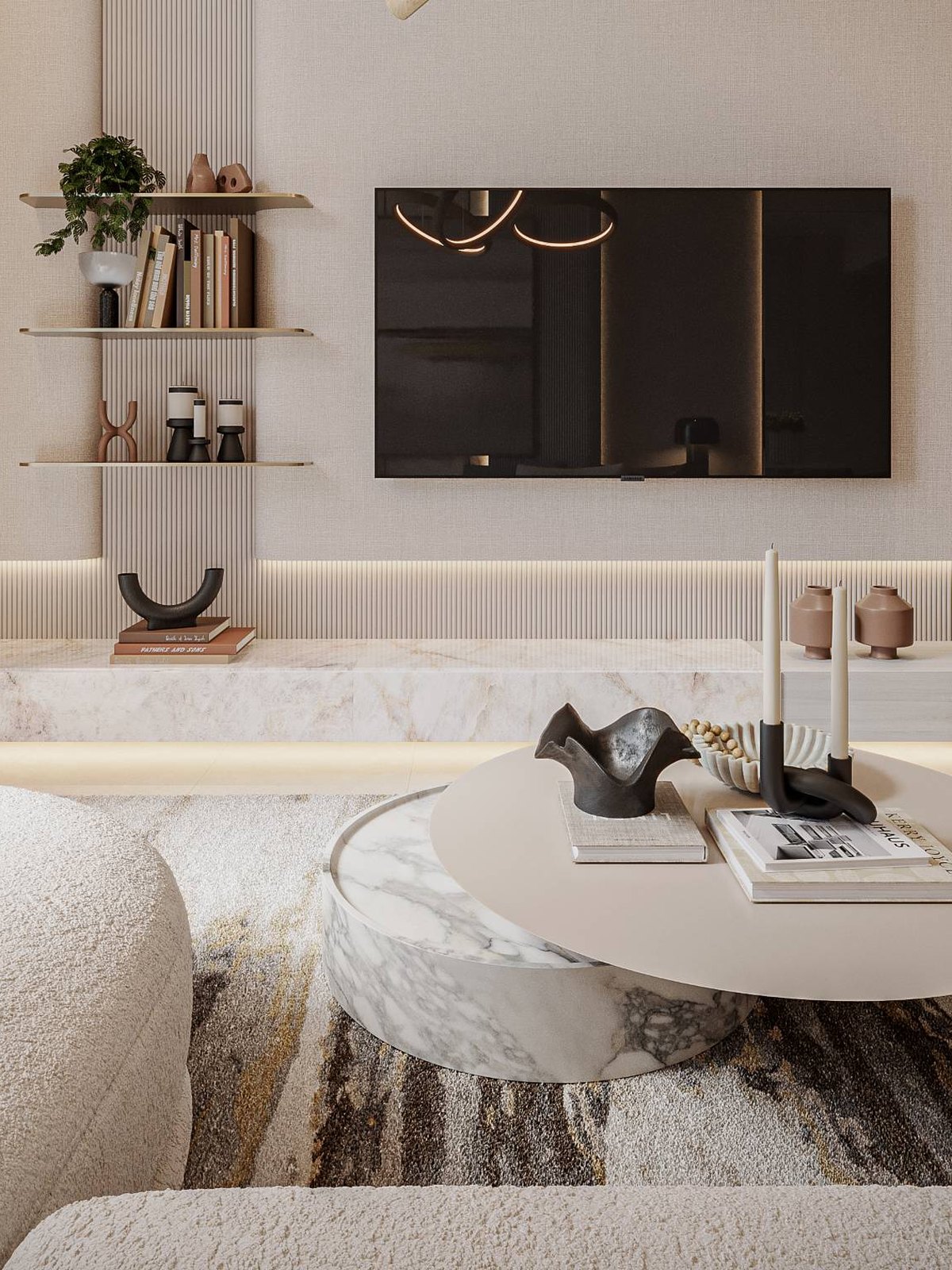 Floareá Skies: the living-room wall, fluted panels, bronze shelves and the marble plinth