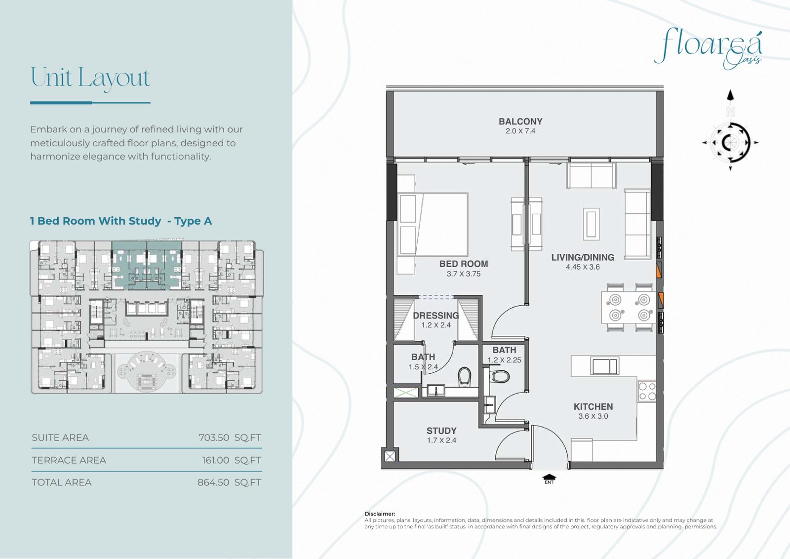 1 Bed Room With Study - Type A floor plan