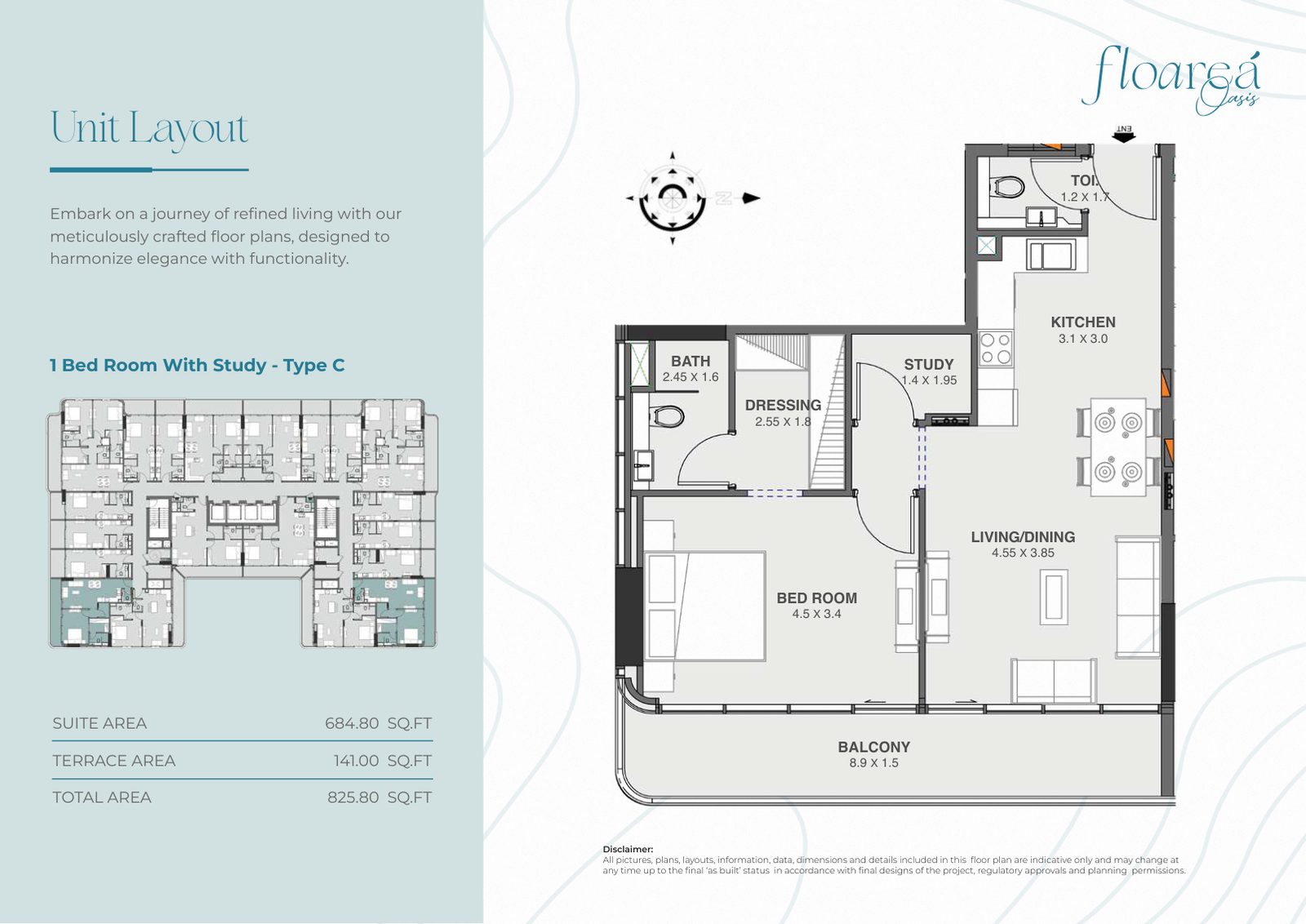 1 Bed Room With Study - Type C floor plan