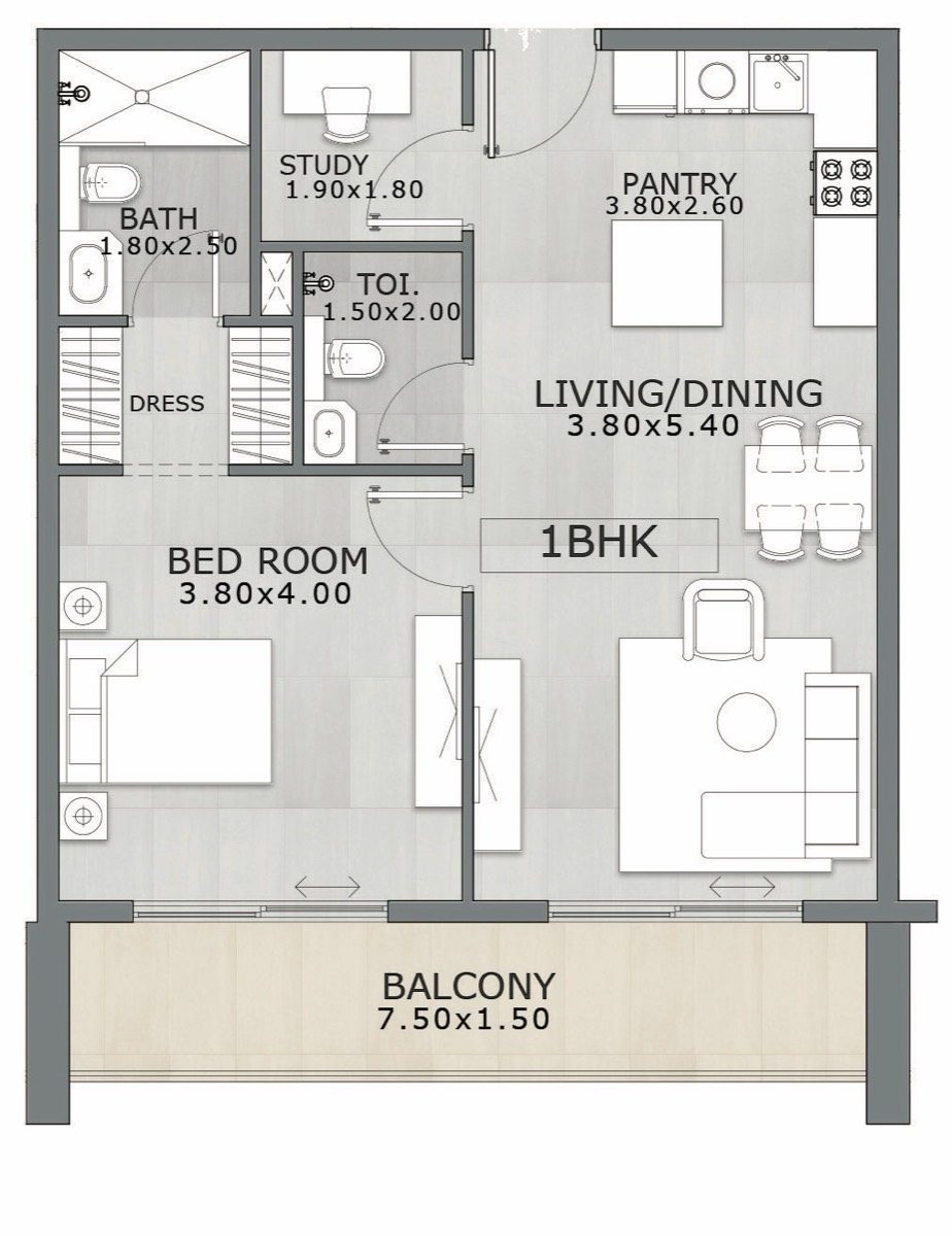 1 Bedroom with Study Type A floor plan