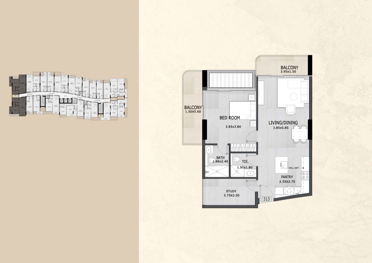 1 Bedroom with Study Type C-2 floor plan